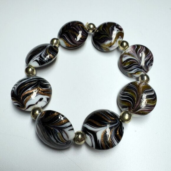 Art Glass Round Penny Beads Bracelet Stretchy Gold Black White - Picture 3 of 4
